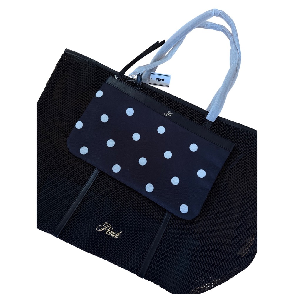 NWT Victoria's Secret PINK Black Mesh Tote Bag with Polka Dot Pouch Set